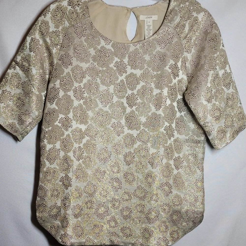 J. Crew Women's Top Size 0 Gold Metallic Floral Brocade Silk Blend Short Sleeve